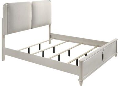 Benjara Veda Queen Size Bed with LED, Pearl White, Gray Boucle Upholstered