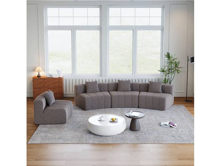 Canapé Modulable Courbé En Chenille Gris\, 2 Coussins\, Sans Montage Pour Salon Floragrace