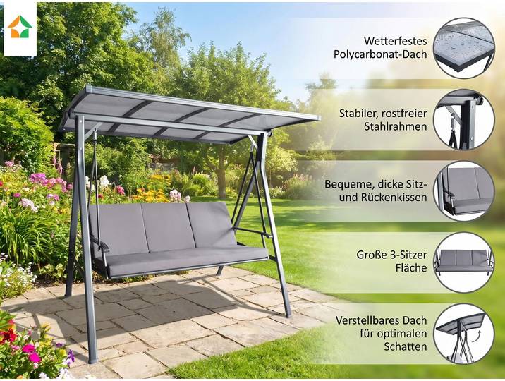 Gartenschaukel 3-Sitzer Hollywoodschaukel mit Dach grau