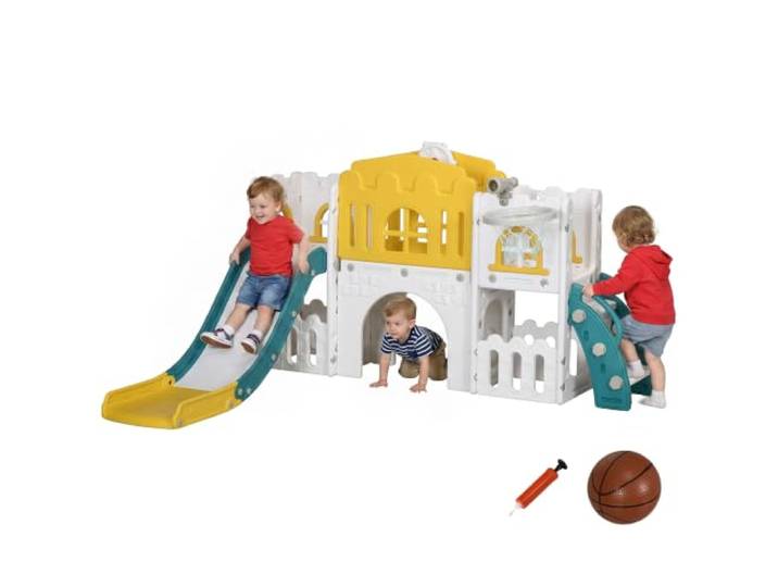 AIYAPLAY Kinder Rutsche 7-in-1 für 1 bis 3 Jahre mit Basketballkorb Gelb Klettergerüst, Teleskop, Tunnel, Lenkrad, Plattformgang, Gartenrutsche, Kinderrutsche Kleinkinderrutsche, Indoor & Outdoor
