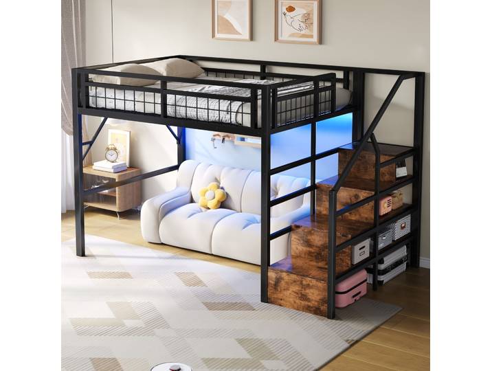 Lit Mezzanine 140x200 Avec Led Et Rangement Havrya