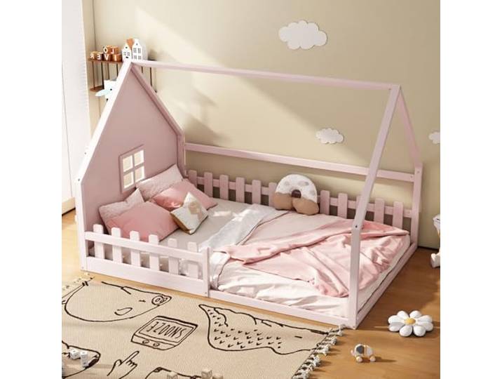 Ball & Cast Bodenbett 140x200 cm, Hausbett mit Rausfallschutz, Montessori Bett aus massivem Kiefernholz, Kinderbett, ohne Matratze, Rosa