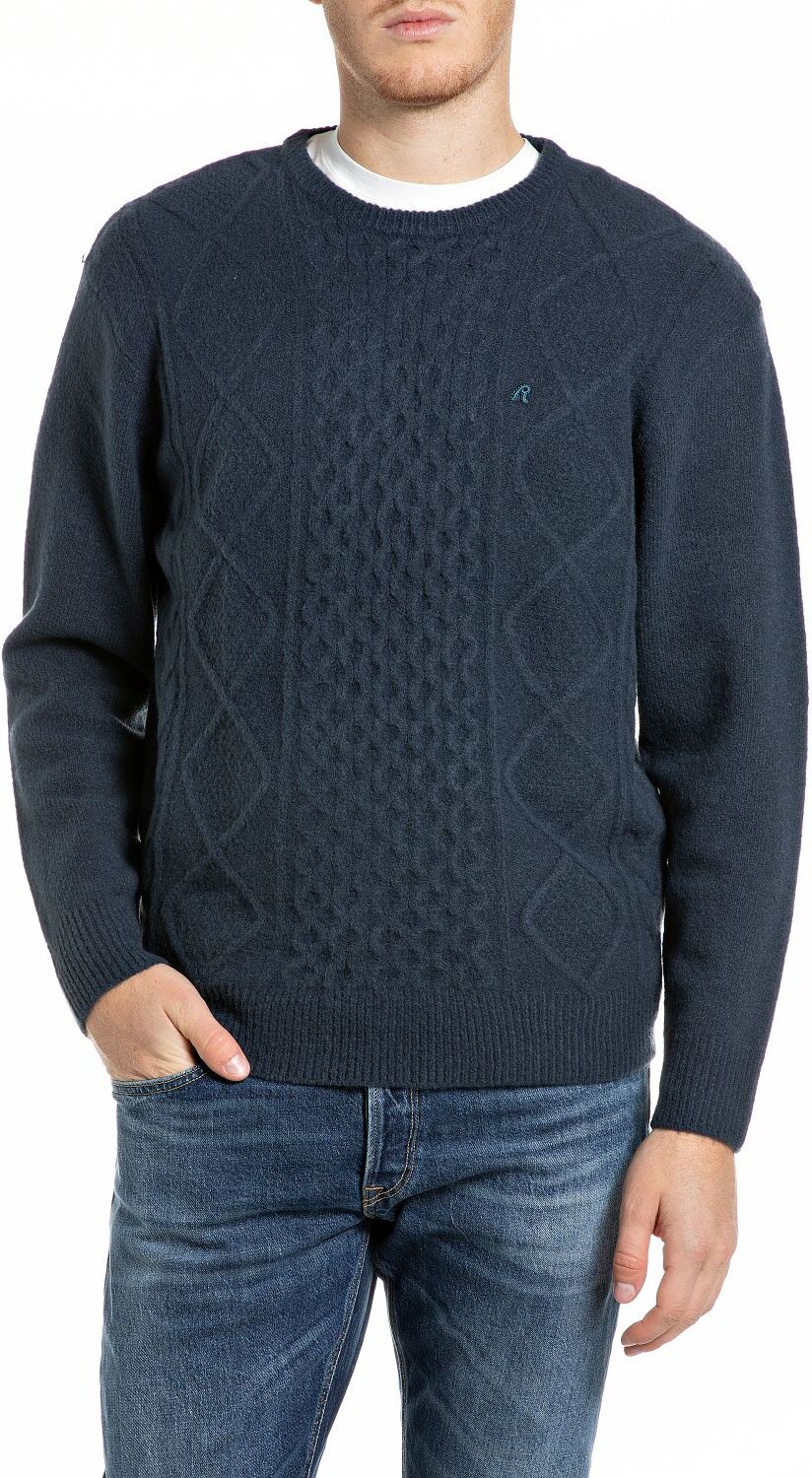 Strickpullover REPLAY, Herren, Gr. XL, blau (spellbound), Strick, Obermaterial: 52% Polyester, 38% Polyacryl, 8% Wolle, 2% Elasthan, unifarben, hüftbedeckend, Rundhals, Rippbündchen, Pullover Strickpullover, mit Zopfmuster, Materialmix mit Woll-Anteil spe