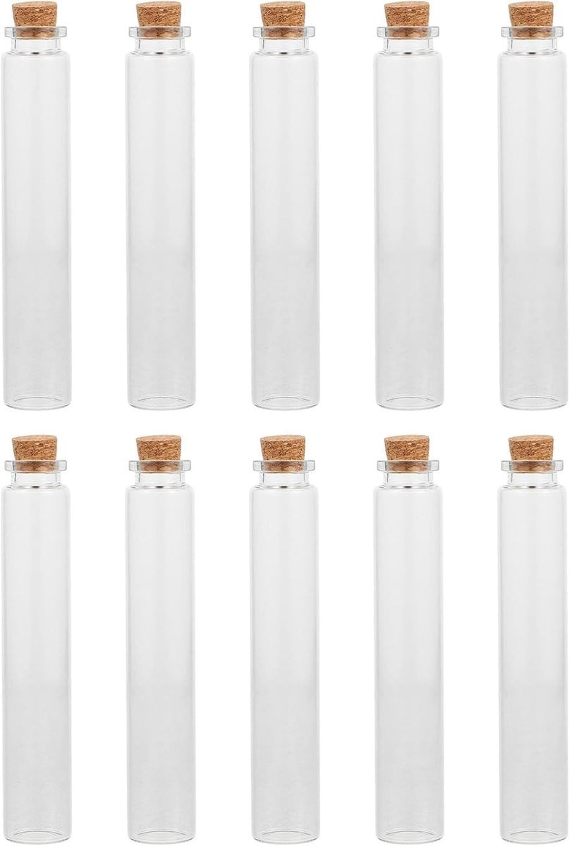 Set van 10 handgemaakte glazen wensflesjes met kurk in multicolor voor decoratie en opslag