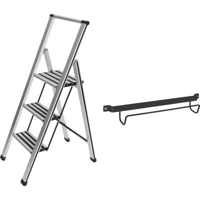 Trittleiter WENKO "Modell Alu-Design", silber (silberfarben, schwarz), B:44cm H:127cm L:5,5cm, Aluminium, Kunststoff, Leitern, stabile Klapptritt Leiter, rutschsicher, bis 150 kg, mit Leiternhalter