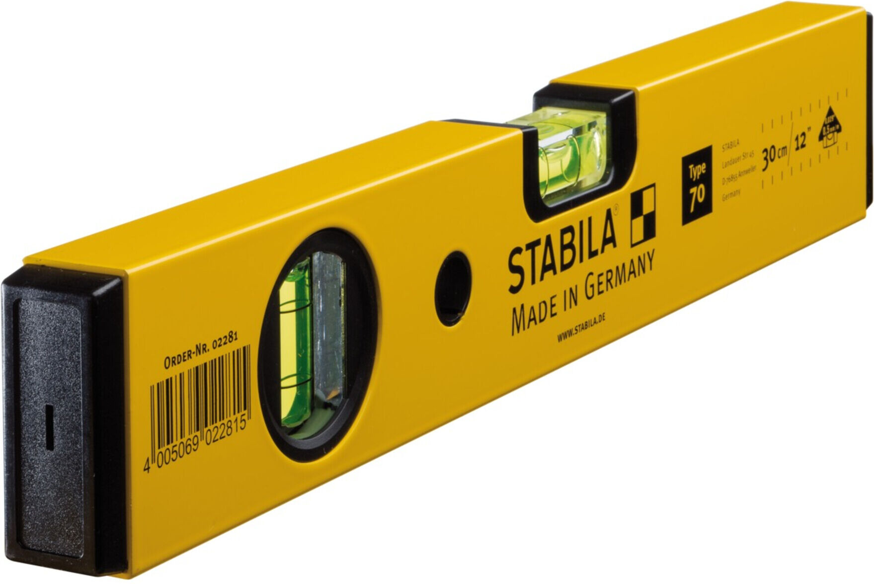 STABILA Wasserwaage 70 aus Aluminium mit zwei Libellen und stoßdämpfenden Endkappen, Länge: 30 cm, Farbe: gelb, Messgenauigkeit: ± 0,5 mm/m (02281)
