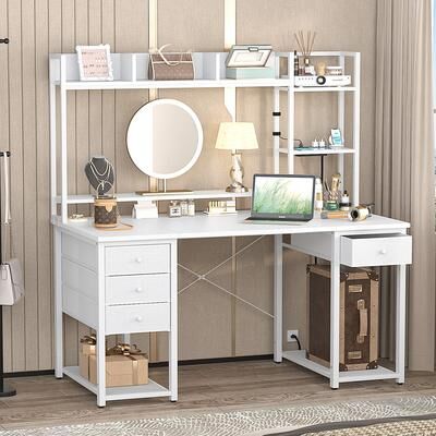 Rackcog Gaming Desk with Hutch and Drawers, Office Computer Desk with Charge Station and LED Light
