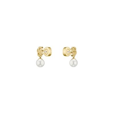 Paar Ohrstecker BOSS "DOUBLE B MIRELLE", gold (gelbgoldfarben, edelstahlfarben, weiß), Ohrringe, Damen, Edelstahl Perlen, Edelstahl, Perlen, mit Kunststoffperle
