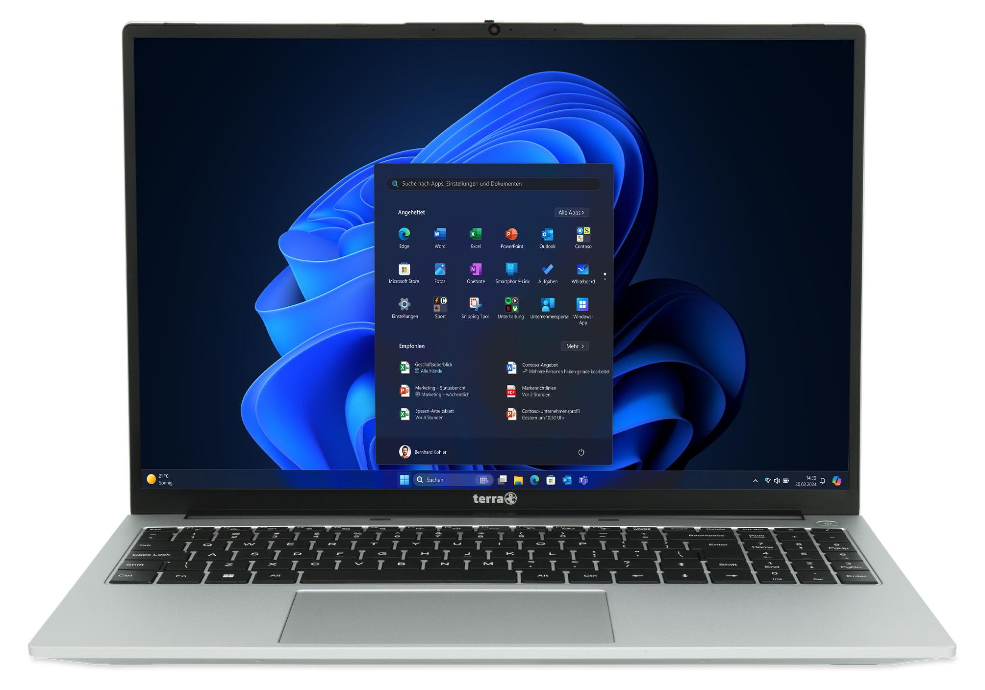 TERRA MOBILE 1610A (Silber, 16" WUXGA, AMD Ryzen 7 7730U, 8 GB RAM, 8 TB SSD) mit Windows 11 Pro & Office 2024 Pro