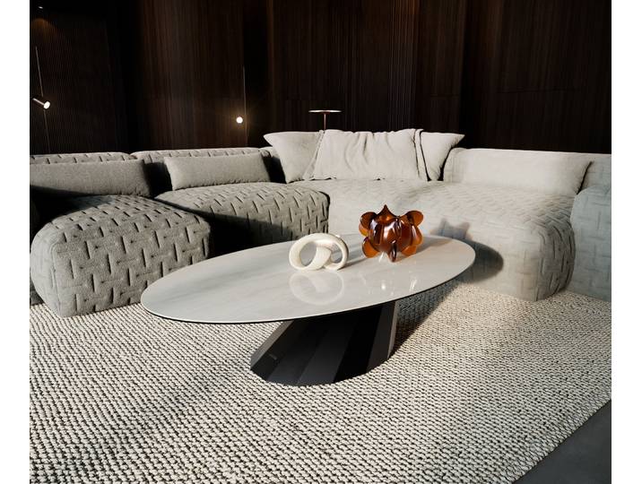 Couchtisch Edge Oval 135x80 cm Keramik Onyx Champagne Parabi Metall Schwarz, Couchtische