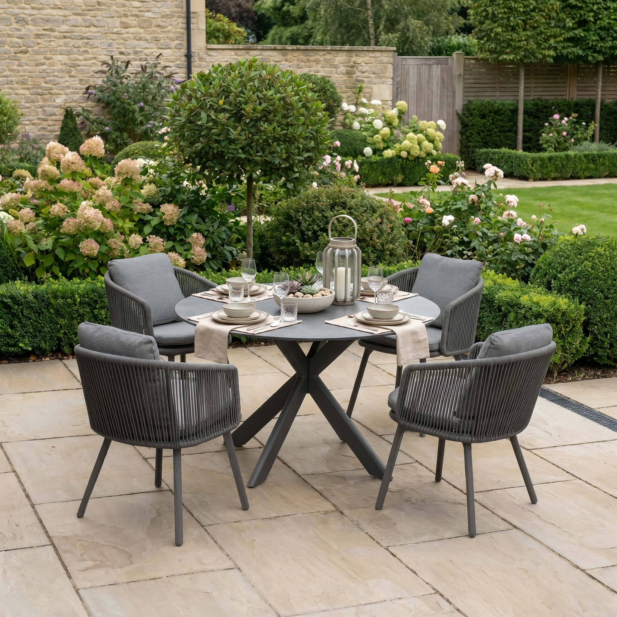 Harbour Lifestyle Dekota 4 Seat Round Rope Dining Set with Albatross Table in Charcoal