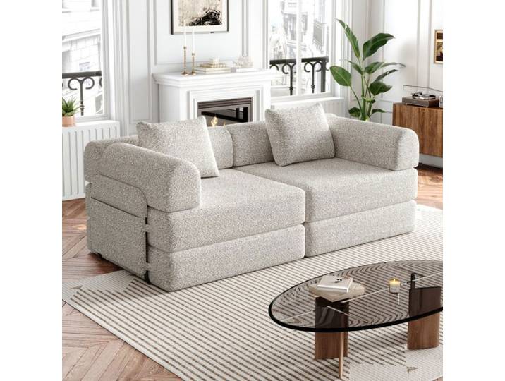 MEULVA Canapé convertible 2 places en chenille kaki modulable avec rangement d'accoudoir