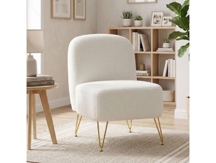 Fauteuil Salon Sans Accoudoirs Fauteuil d'Appoint Rembourré en Tissu Bouclette Coussin Épais Assise Large Blanc