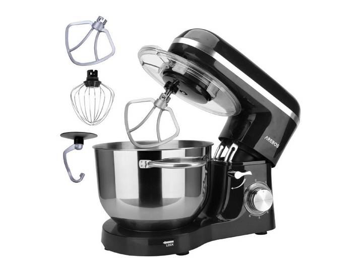 Arebos Küchenmaschine 6L Edelstahl-Rührschüssel, 1500 W, inkl. Rührhaken, Knethaken, Schneebesen, Spritzschutz