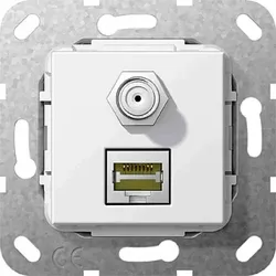 Gira Einsatz Modular Jack RJ45 Cat. 6A 10GB und SAT F Buchse Gender Changer, System 55 Reinweiß glänzend