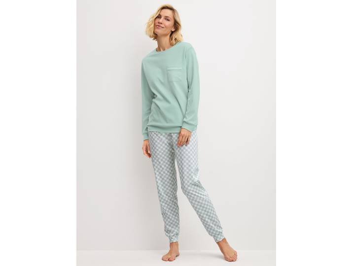 Schlafanzug CALIDA Sweet Dreams , Damen, Gr. S (40/42), Interlock, light aqua, Interlock, Obermaterial: 100% Baumwolle, bequem lang, Rundhals, angesetztes Bündchen, Homewear-Sets Schlafanzug, Langarm, Rundhals, Interlock-Qualität, weich, bequem