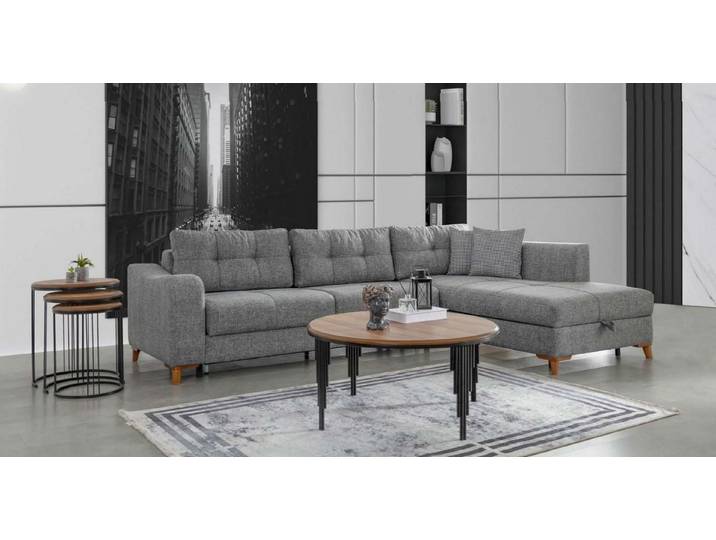 Xlmoebel Ecksofa Graues L-Form Sofa mit Holzdetails für elegantes Wohnen, Ecksofa, Hergestellt in Europa