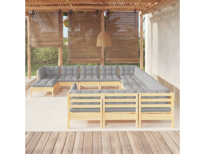 vidaXL 12-tlg. Garten-Lounge-Set mit Grauen Kissen Kiefernholz