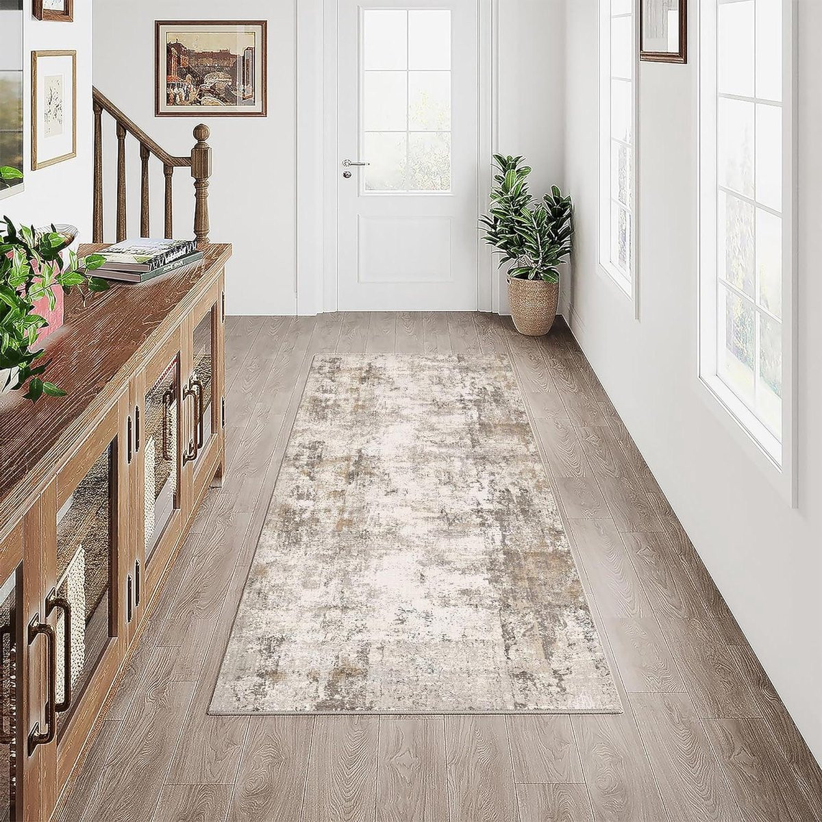 Modern Abstract Vloerkleed Gangloper Bruin Grijs - 60 x 180 cm