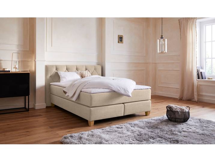 Boxspringbett, Beige, 163x210 cm, Struktur (100% Polyester), H3, Klassisch, Home-affaire
