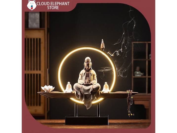 EN STOCK Zen Intent Guanyin Bouddha Statue Céramique pour Salon, Lampe Anneau Lumineux, Ornements Circulaires, Objets Décoratifs pour Encens