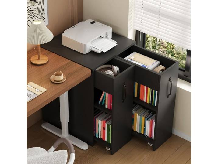 Meuble rangement bibliothèque noir à roulettes réversible gauche/droite panneaux de particules JOINERY
