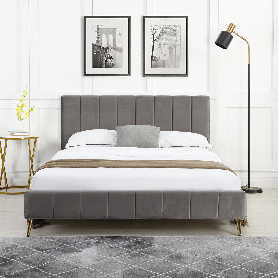 Etta Avenue Leia Upholstered Velvet Bed Grey Double (4'6)