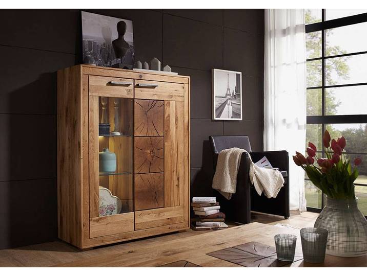 Highboard Thomas in Wildeiche massiv geölt mit Inlays – Montierte Lieferung – 3%-Vorkasse-Rabatt