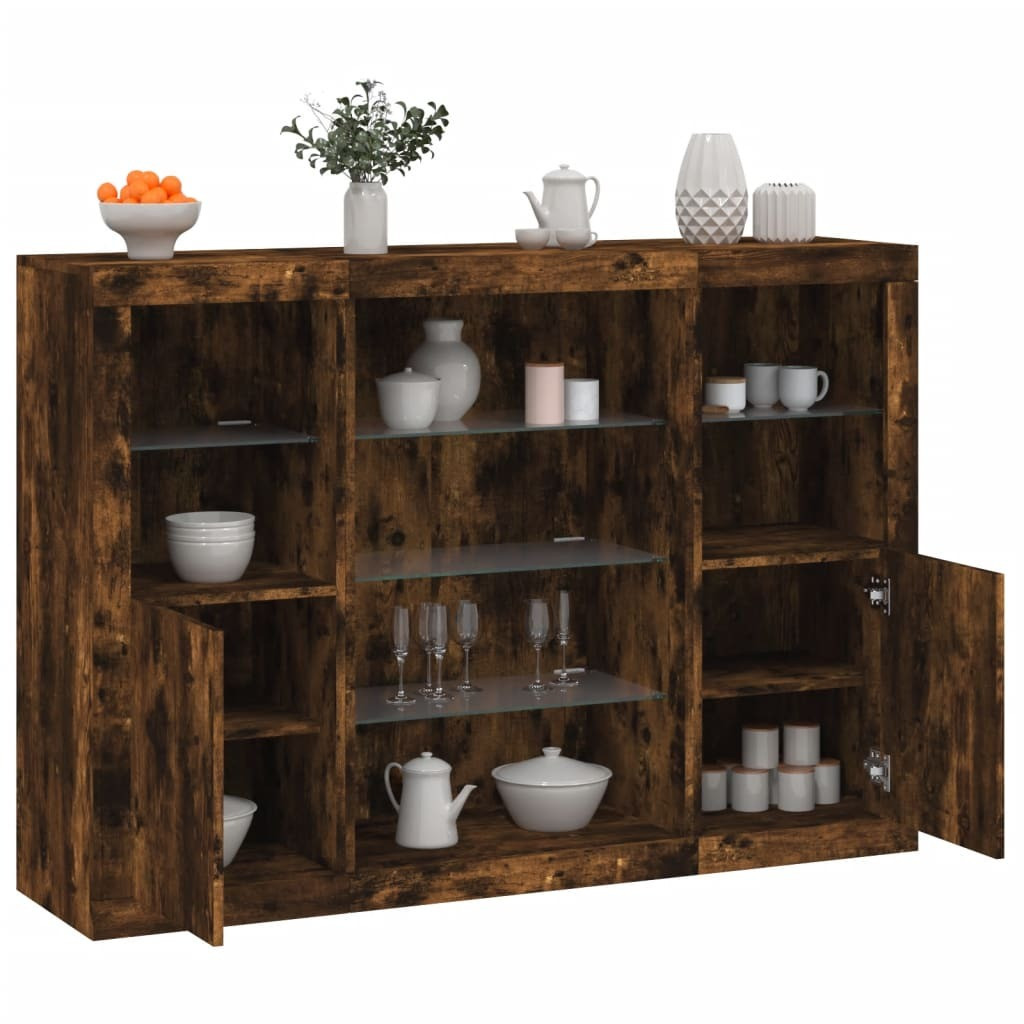 vidaXL Set van 3 Moderne Dressoirs met LED-verlichting, Rook-eikenfineer