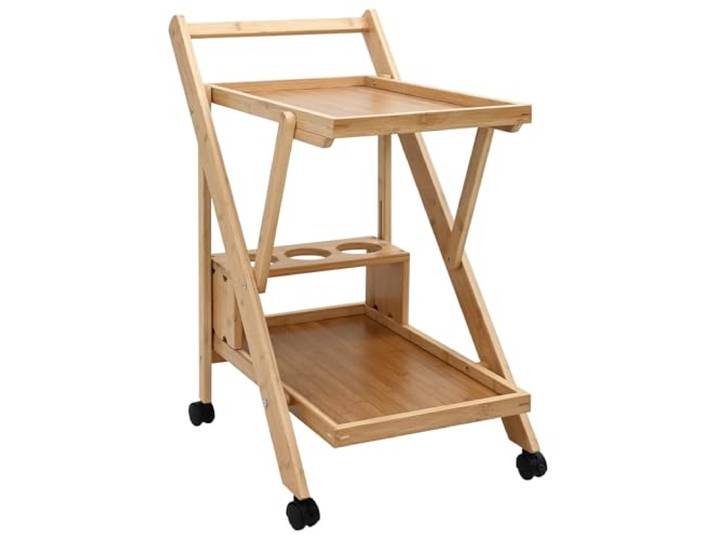 Foknhdi Küchenwagen Klappbar mit Rädern Servierwagen Bambus 65x40,5x76,5cm Platzsparender Beistellwagen aus Bambus mit 2 Ablagen und abnehmbarem Flaschenhalter für Küche und Esszimmer.