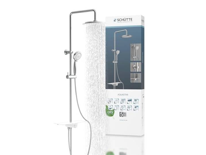 SCHÜTTE AQUASTAR Duschset Regendusche mit Ablage, Duschsystem mit 5-fach verstellbarer Handbrause, Duschsäule mit Duschkopf, Duschset in Chrom/Weiß