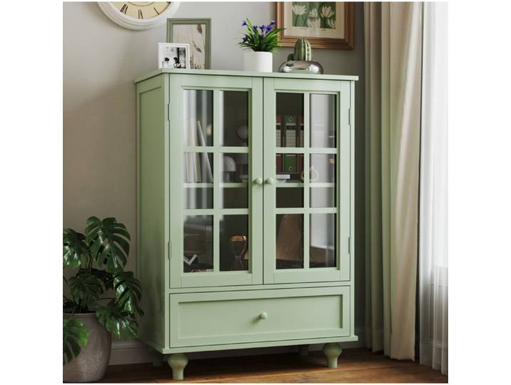 COVREO Buffet haut vert menthe 71 x 38 x 93 cm 2 portes vitrées tiroir et étagères réglables