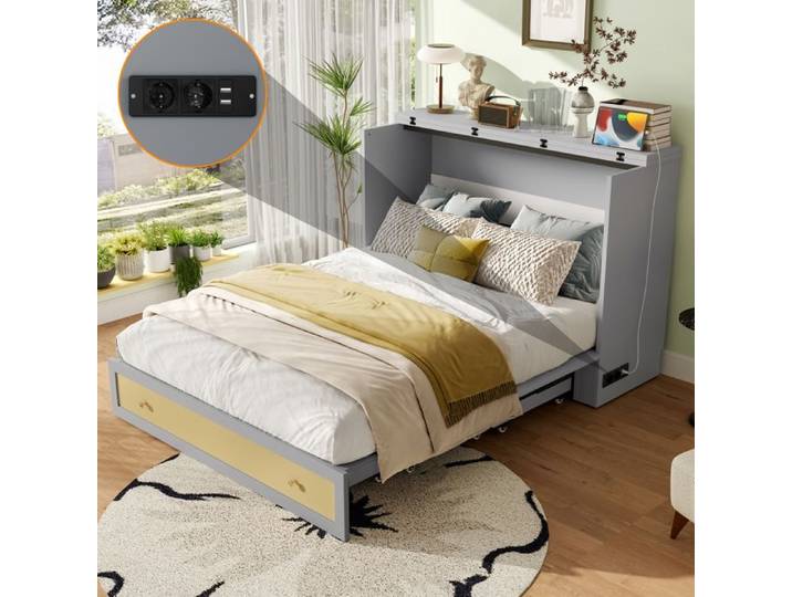 Lit escamotable - MODERNLUXE - 140x200 cm - USB et prise secteur - Gris