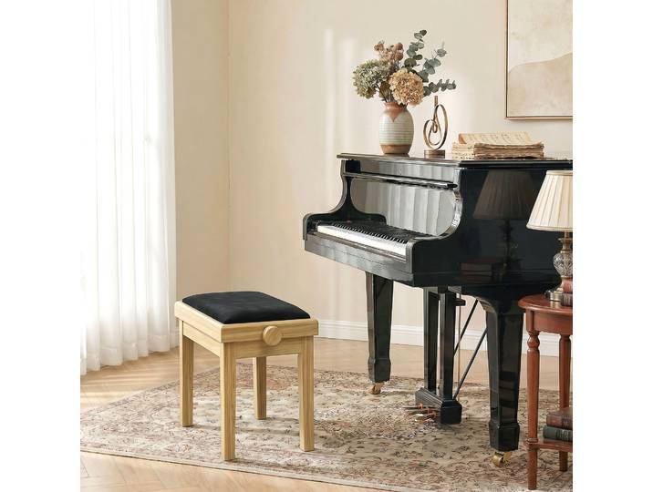 HOMCOM Banc Piano Réglable Bois Velours 45-56cm Naturel