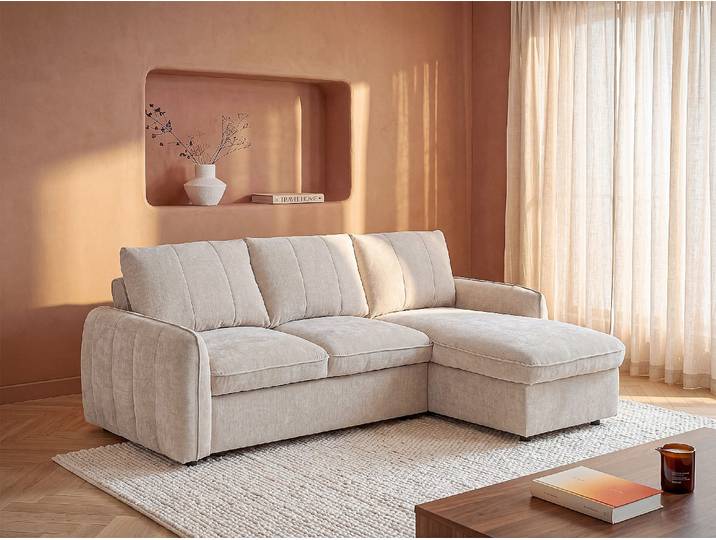 Eckschlafsofa mit Bettkasten aus Strukturiertem Stoff in Beige - wendbar NALOCI