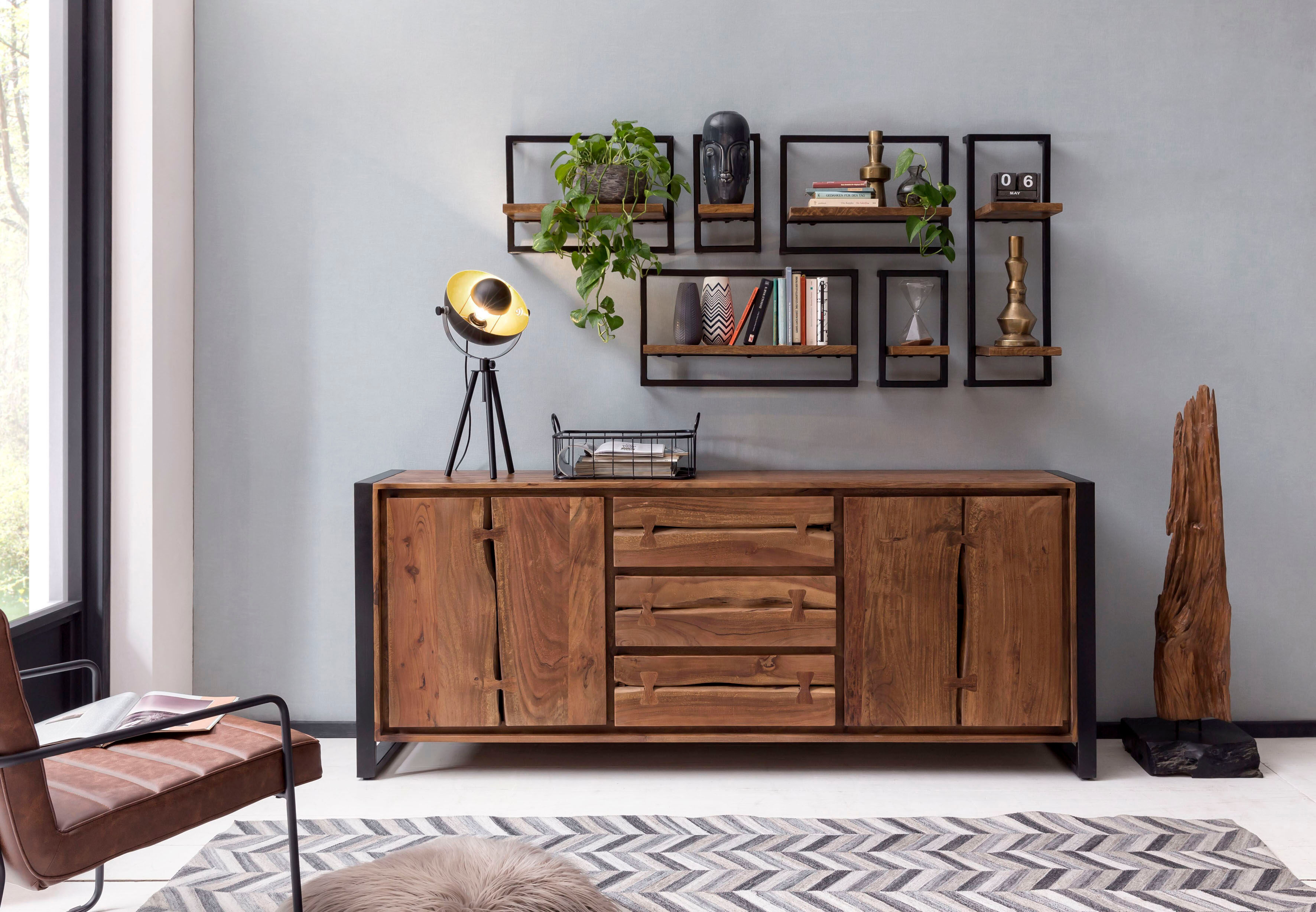 Sideboard SIT "Florenz Akazienholz Kommode mit Baumkante & Metallgestell", beige (natur), B:200cm H:80cm T:40cm, Massivholz, Metall, Sideboards, Sideboard, Akazienholz mit natürlichen Holzkanten & Metallgestell natur B/H/T: 200cm x 80cm x 40cm, 3 Stk., Ak