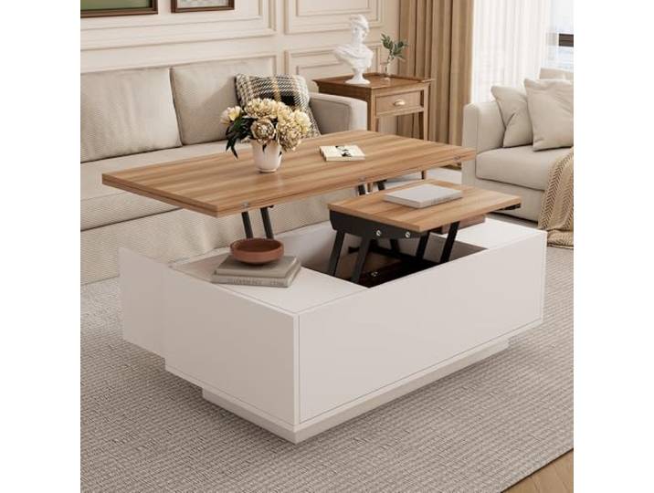Merax Couchtisch mit Höhenverstellbarer Platte, Wohnzimmertisch Kaffeetisch Ausziehbarer, Versteckter Stauraum, Multifunktional Sofatisch, Mitteltisch, Beistelltisch für Homeoffice, Weiß & Holzfarbe