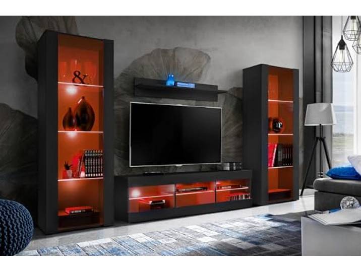 Komodee Wohnwand TV Tivoli Grande A2 Schwarz/Schwarz 250x159x35 cm Wohnwand Tivoli Grande, Schwarz/Schwarz, Breite 250cm x Höhe 159cm x Tiefe 35cm, Mehrfarbige Beleuchtung , für Wohnzimmer