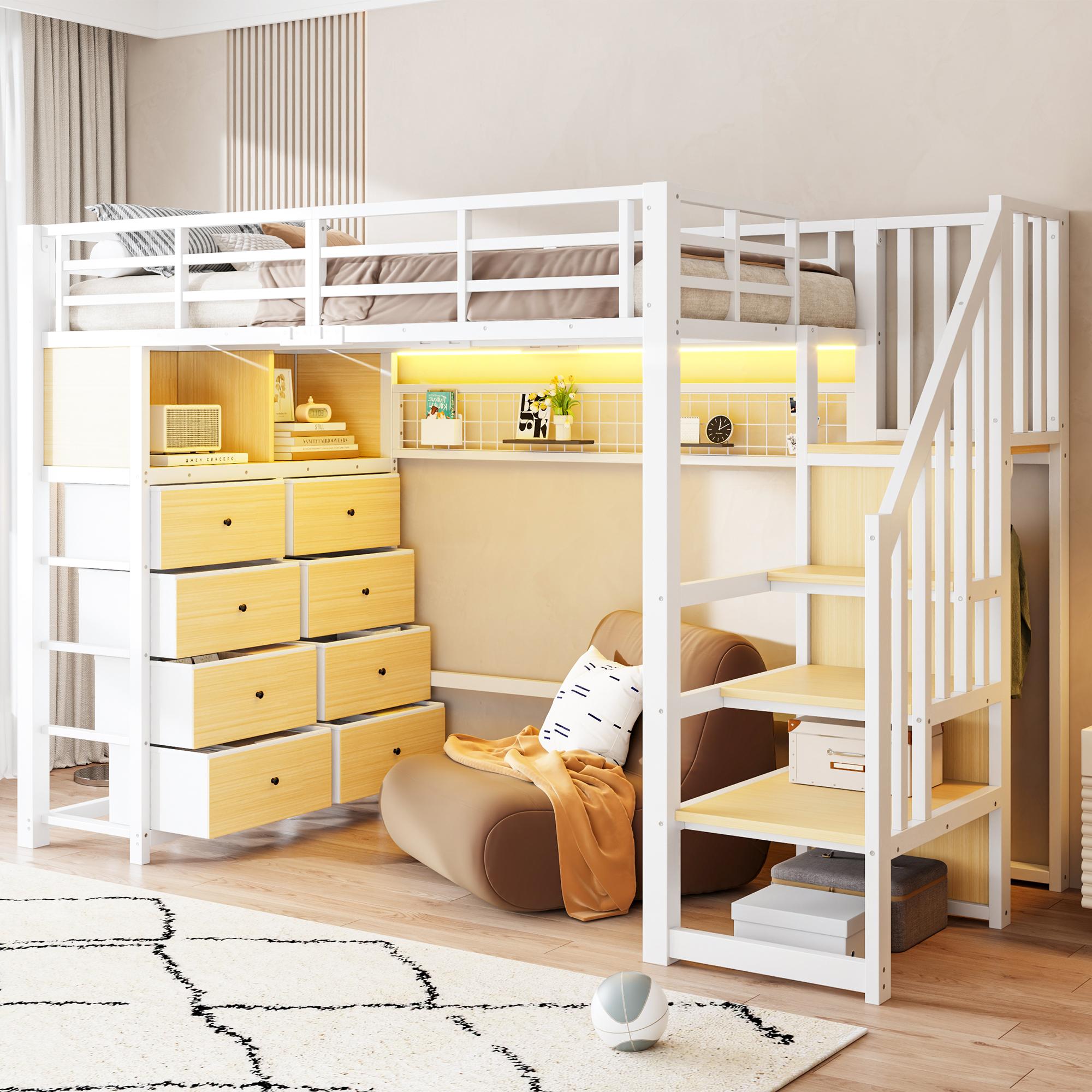 Metall-Hochbett 90x200 cm mit 8 Stoffschubladen, Stauraumtreppe, Kleiderschrank, 2 Regalen, Lochwand, LED-Beleuchtung, Weiß