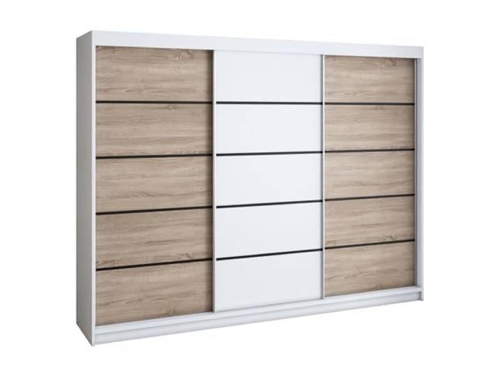 A&J MöbelLand MES Schwebetürenschrank 200 cm, Kleiderschrank 3-türig mit 4 Schubladen (Weiß/Sonoma/Weiß/Sonoma)