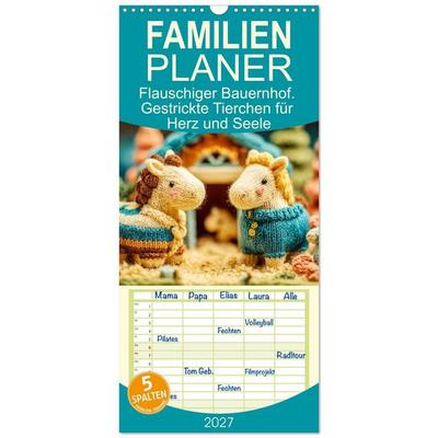 Familienplaner 2027 - Flauschiger Bauernhof. Gestrickte Tierchen für Herz und Seele mit 5 Spalten (Wandkalender, 21 x 45 cm) CALVENDO