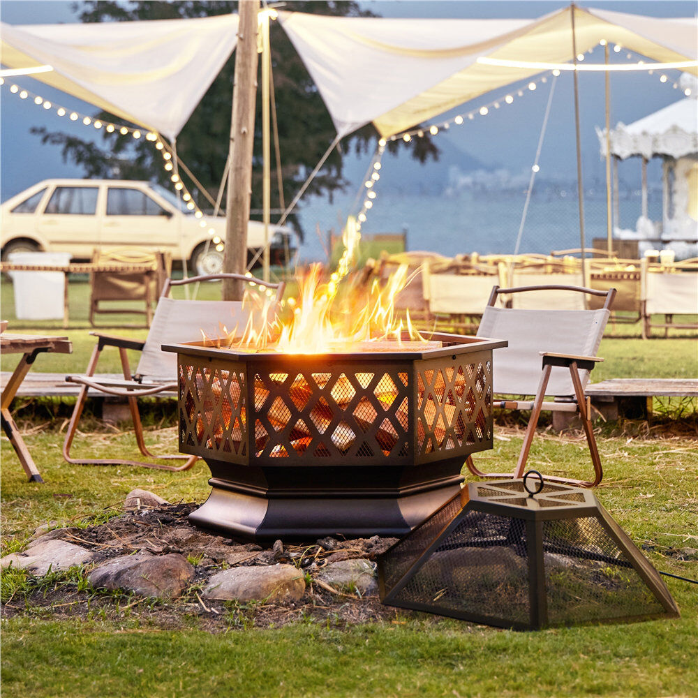 Yaheetech Hexagon Iron Wood Burning Fire Pit Black 60.5 cm L x 60.5 cm W x 62 cm H