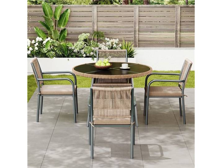 Set terrasse/balcon en rotin : table ronde en verre + 4 fauteuils confortables