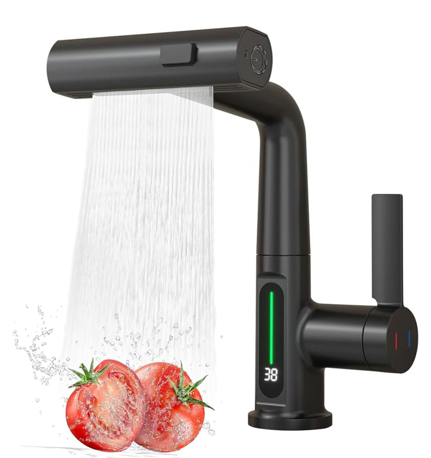 Dripio Douchekraan met uittrekbare douchekop, LED-verlichting en 3 standen, zwart