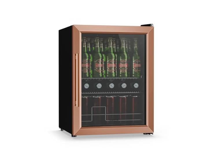 Klarstein Beersafe Getränkekühlschrank 60 L – Mini Kühlschrank mit Glastür, Kupfer LED-Beleuchtung, herausnehmbare Metallablagen, leise, Flaschenkühlschrank für Getränke & Dosen