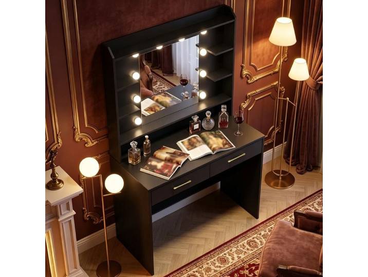 Coiffeuse miroir LED luminosité réglable étagères 2 tiroirs meuble de maquillage pour chambre Noir