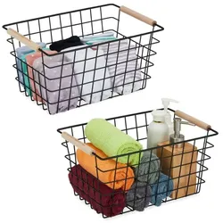 Relaxdays Drahtkorb mit Holzgriffen 2er Set Hellbraun,Schwarz