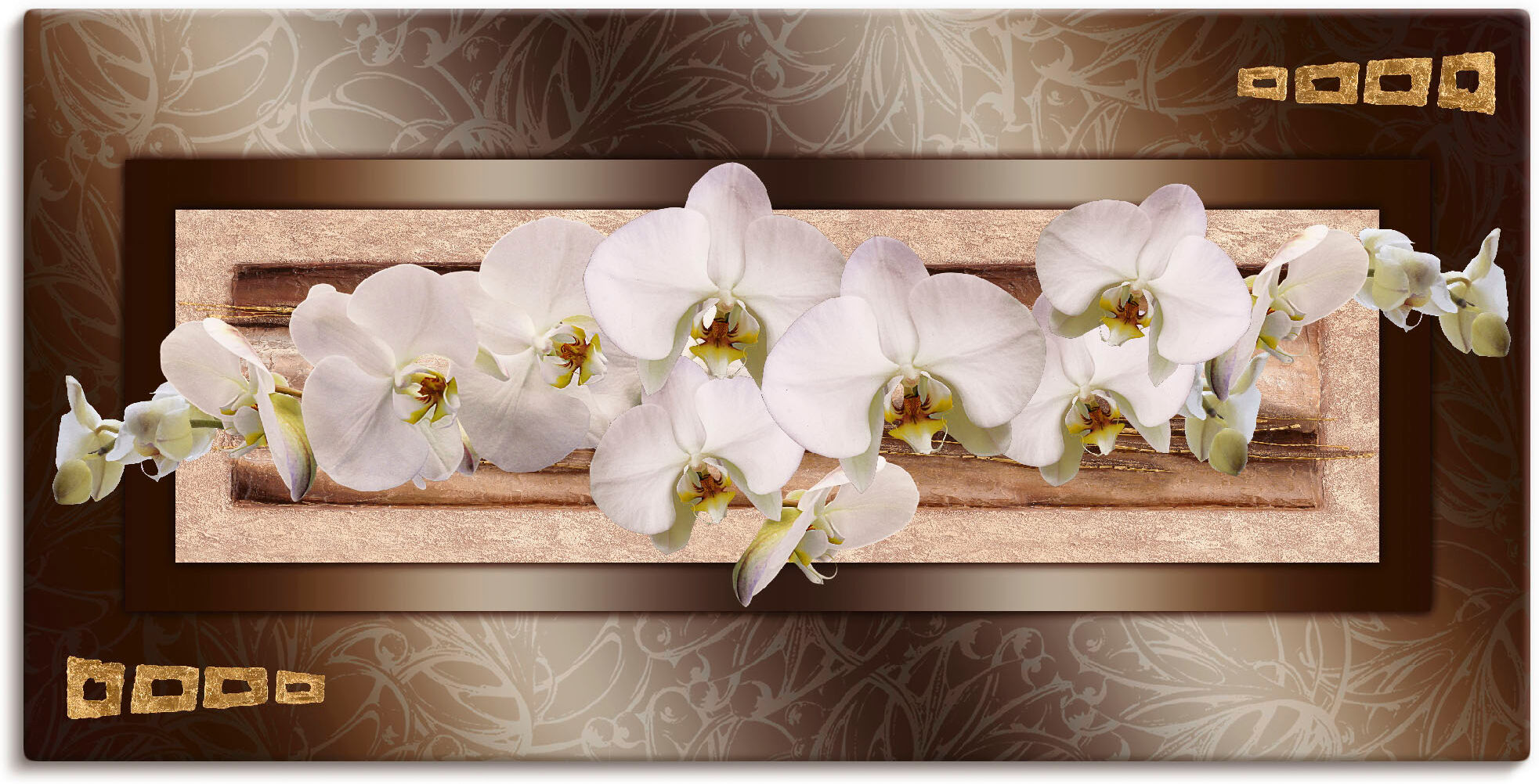 Leinwandbild ARTLAND "Weiße Orchideen mit goldenen Vierecken", weiß (farbe bild(er): weiß), B:150cm H:75cm, Bilder, Leinwandbild, auf Holzrahmen gespannt