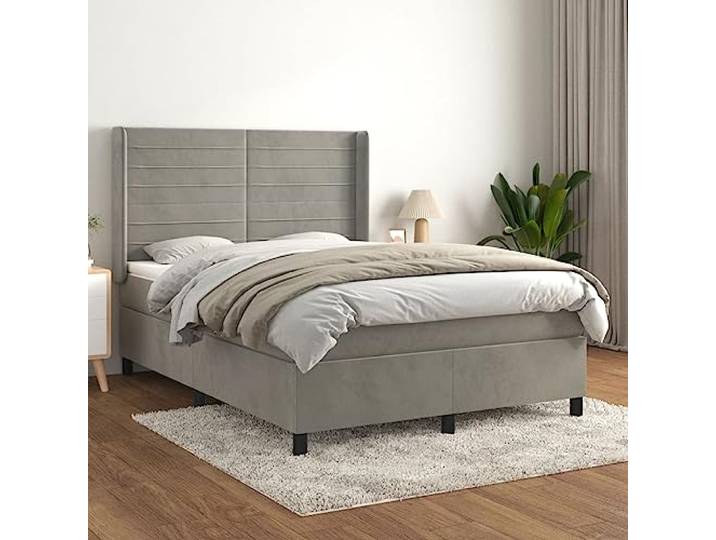 RJPLMFV Bettgestell, Velours, hellgrau, 140 x 190 cm, Matratze mit Taschenfedern