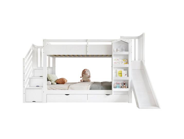 Flora Grace Etagenbett 90/200 cm Weiß mit Rutsche und Treppenregal, Holz, 90x200 cm, Babymöbel & Kindermöbel, Kinderzimmer & Jugendzimmer, Stockbetten